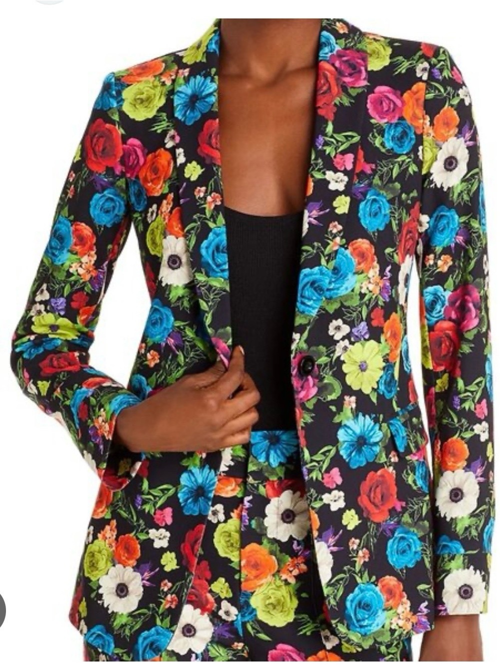 Alice + Olivia Black Floral Tailored Blazer with Multi-Color Print